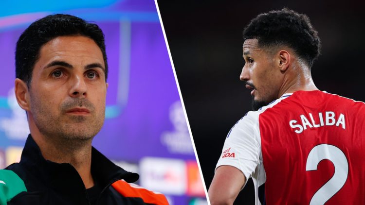 Image of (L) Arsenal manager Mikel Arteta during a press conference and (R) William Saliba during an Arsenal game