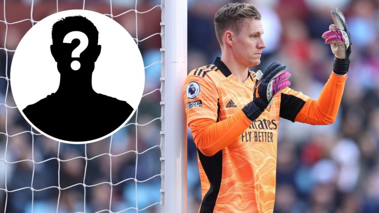 Bernd Leno of Arsenal during the Premier League match between Aston Villa and Arsenal at Villa Park, with mystery player inset.