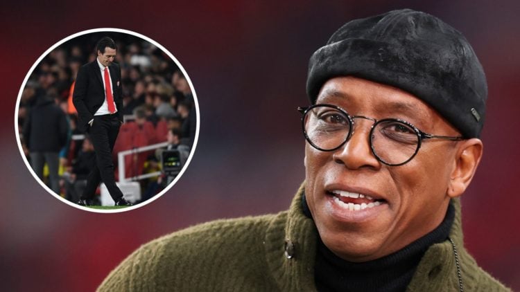 Image of Ian Wright smiling with an inset of Unai emery looking dejected when he was the Arsenal head coach
