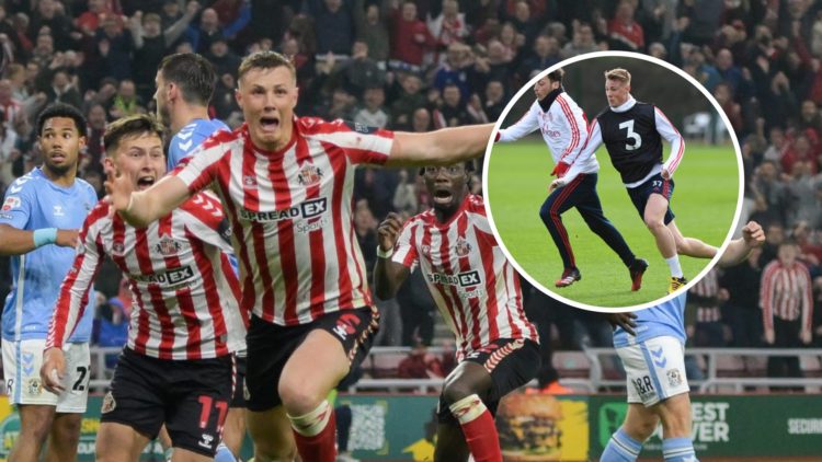 Daniel Ballard celebrates scoring the winning goal during the Sky Bet Championship Play-Off Semi-Final Second Leg match between Sunderland and Cove...