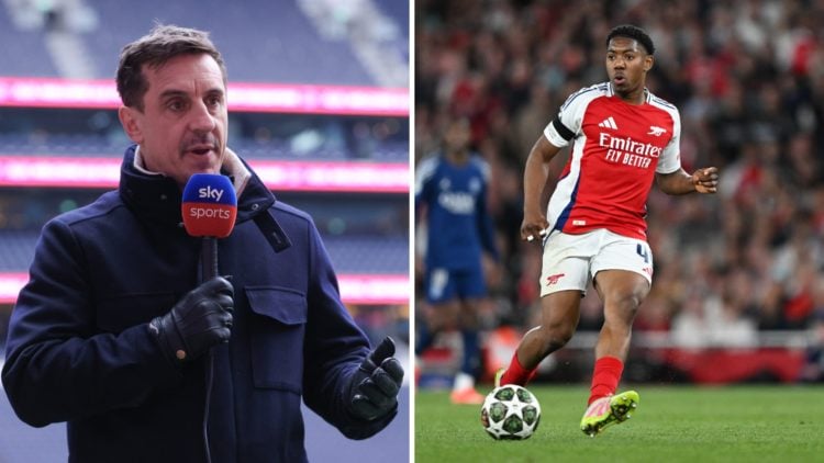Split image of (L) Gary Neville speaking while working as a pundit and (R) Myles Lewis-Skelly playing for Arsenal