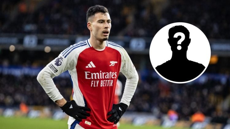 Image of Gabriel Martinelli during an Arsenal game and an inset of a mystery player