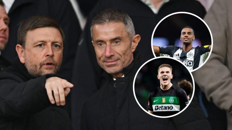 Andrea Berta prior to the Premier League match between Arsenal and Fulham with insets of Alexander Isak during the match between Manchester United ...