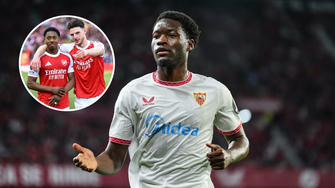 Image of Lucien Agoume of Sevilla CF looks on during the LaLiga match between Sevilla FC and UD Las Palmas, Inset of Myles Lewis-Skelly and Declan ...