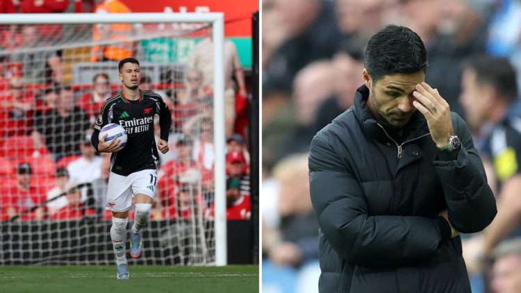 Split Image of Gabriel Martinelli of Arsenal celebrates scoring his team's first goal during the Premier League match between Liverpool FC and Arse...
