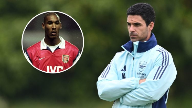 A split image featuring Nicolas Anelka for Arsenal alongside Mikel Arteta looking on during a training session