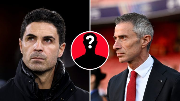 Split Image of Mikel Arteta, Manager of Arsenal, looks on prior to the Premier League match between Crystal Palace FC and Arsenal, Andrea Berta loo...