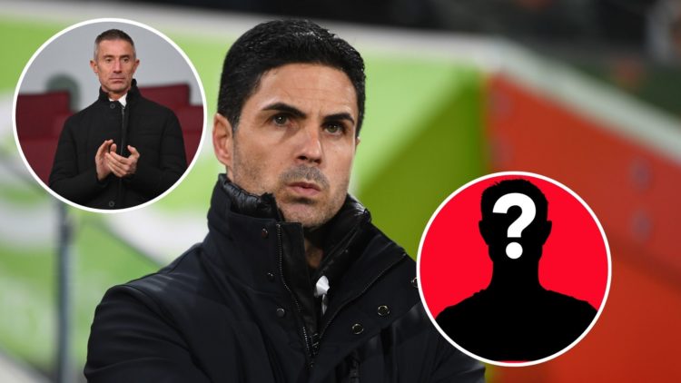 Image of Mikel Arteta, Manager of Arsenal, looks on prior to the Premier League match between Brentford FC and Arsenal, insets of Andrea Berta, Spo...