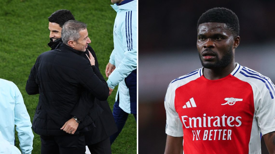 Split Image of Mikel Arteta and Andrea Berta embrace after Arsenal FC v Real Madrid C.F in the UEFA Champions League 2024/25 Quarter Final First Le...