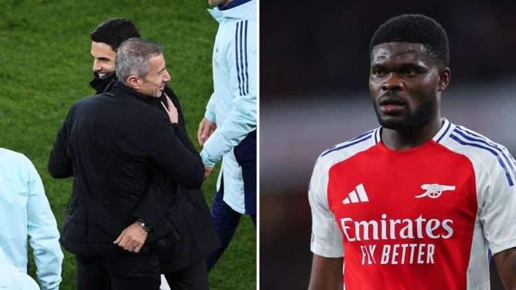 Split Image of Mikel Arteta and Andrea Berta embrace after Arsenal FC v Real Madrid C.F in the UEFA Champions League 2024/25 Quarter Final First Le...