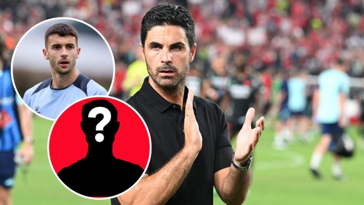 Image of Arsenal manager Mikel Arteta applauds the fans after a pre season friendly between Arsenal and Liverpool, Inset of Joan Garcia of RCD Espa...
