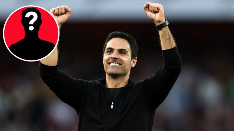 Image of Mikel Arteta celebrating after his Arsenal side beat Tottenham Hotspur in the North London Derby, inset of a mystery player