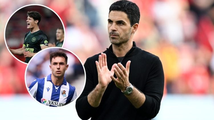 Image of Mikel Arteta, Manager of Arsenal, applauds the fans after the draw in the Premier League match between Liverpool FC and Arsenal, insets of...