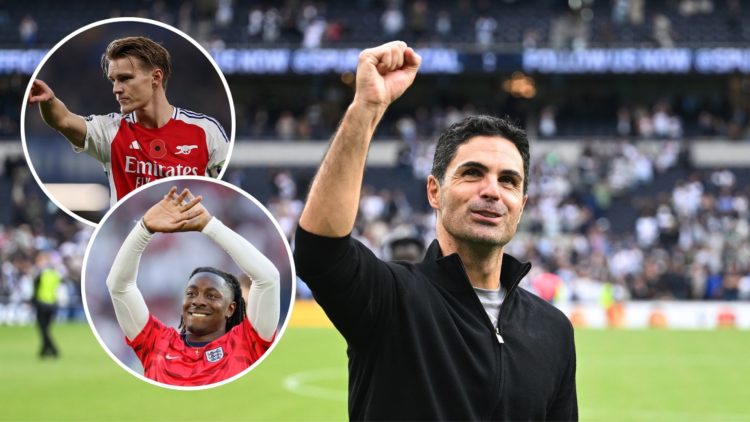 Image of Mikel Arteta, Manager of Arsenal, acknowledges the fans after victory in the Premier League match between Tottenham Hotspur FC and Arsenal...