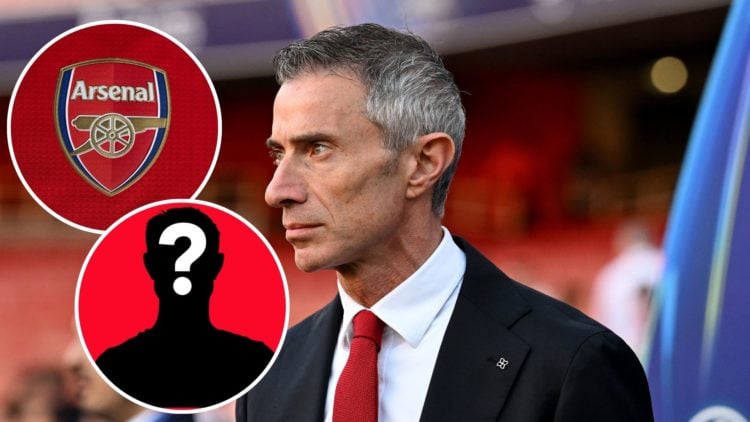 Image of Andrea Berta looks on before Arsenal vs PSG in the Champions League semi-final, Insets of A detailed view of the badge of Arsenal FC, a my...