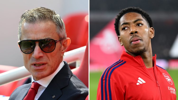 Split Image of Andrea Berta, Sporting Director of Arsenal, looks on prior to the Premier League match between Liverpool FC and Arsenal, Myles Lewis...