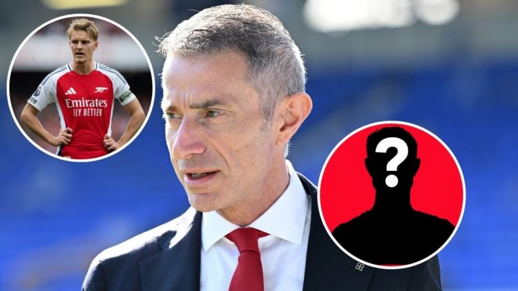 Image of Arsenal's sporting director, Andrea Berta speaks prior to the Premier League match between Everton FC and Arsenal, Insets of Martin Odegaa...