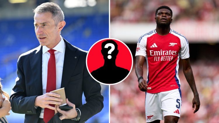Split Image of Arsenal's sporting director, Andrea Berta speaks prior to the Premier League match between Everton FC and Arsenal, Thomas Partey of ...
