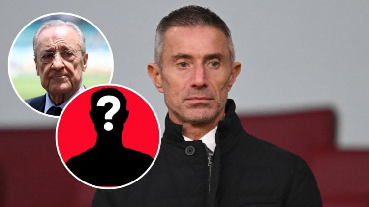 Image of Andrea Berta in attendance for Arsenal FC v Fulham FC in the Premier League clash, insets of President of Real Madrid Florentino Pérez loo...