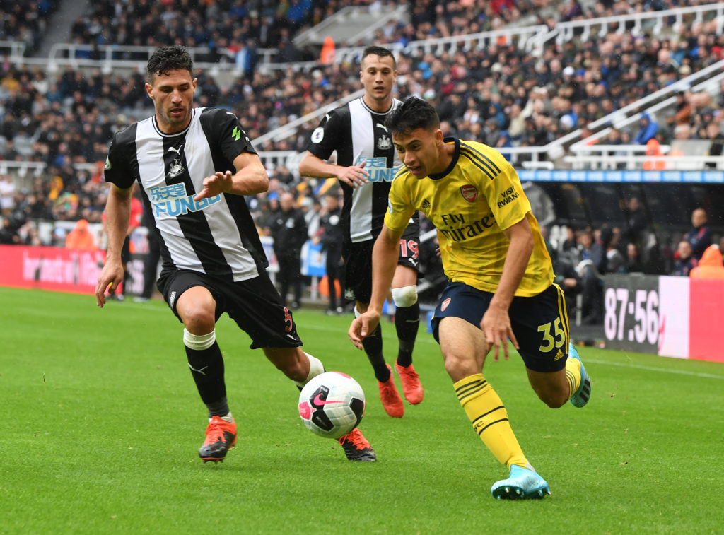 Gabriel Martinelli in action during Newcastle United v Arsenal FC in the Premier League clash in August 2019.