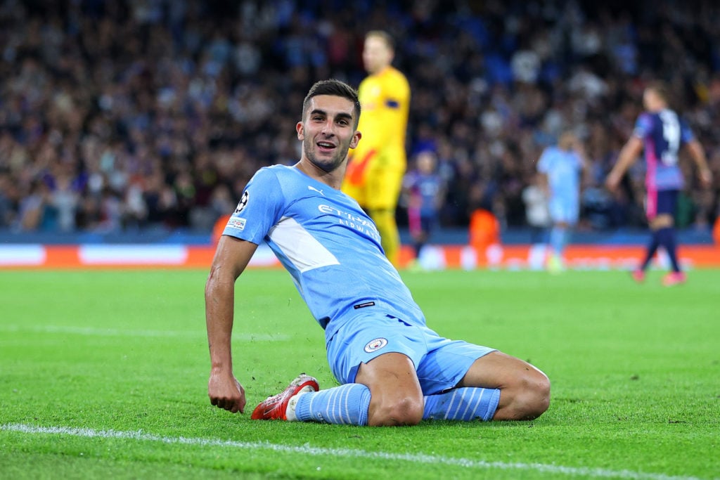 Ferran Torres celebrates scoring during Manchester City v RB Leipzig in the Group A UEFA Champions League clash.