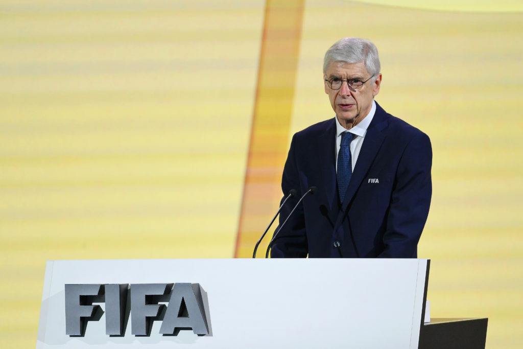 Arsene Wenger speaks at the 74th FIFA Congress in 2024