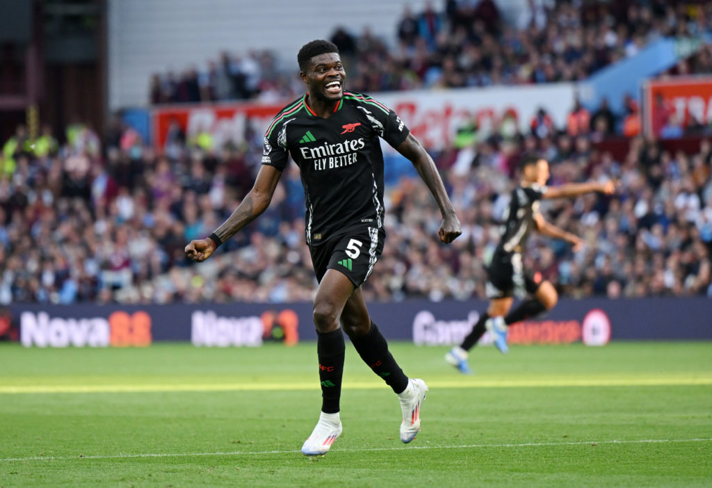 Thomas Partey celebrates scoring during Aston Villa v Arsenal in the Premier League clash.