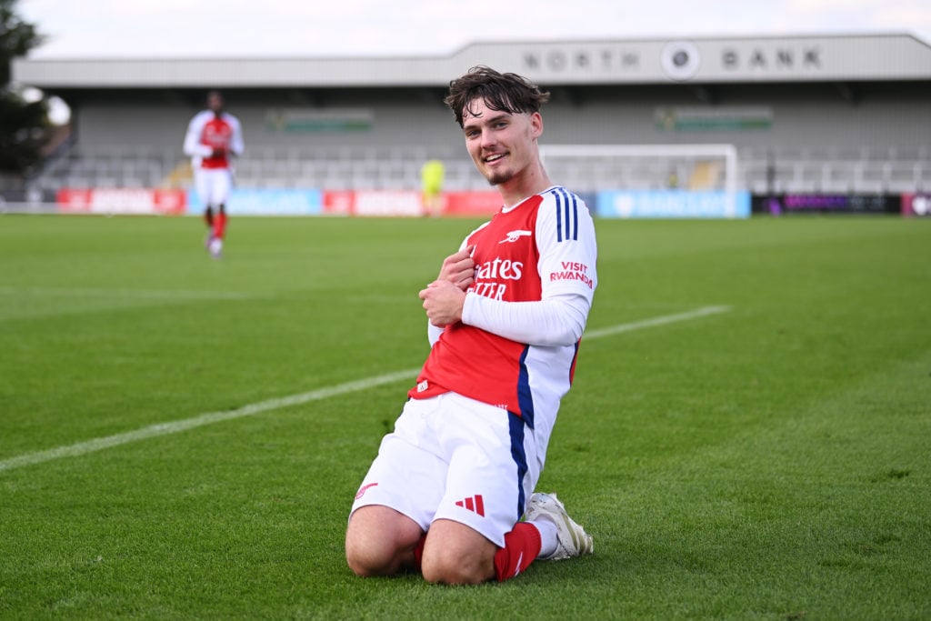 Michal Rosiak celebrates scoring during Arsenal U21 v Tottenham Hotspur U21 in the Premier League 2 clash.