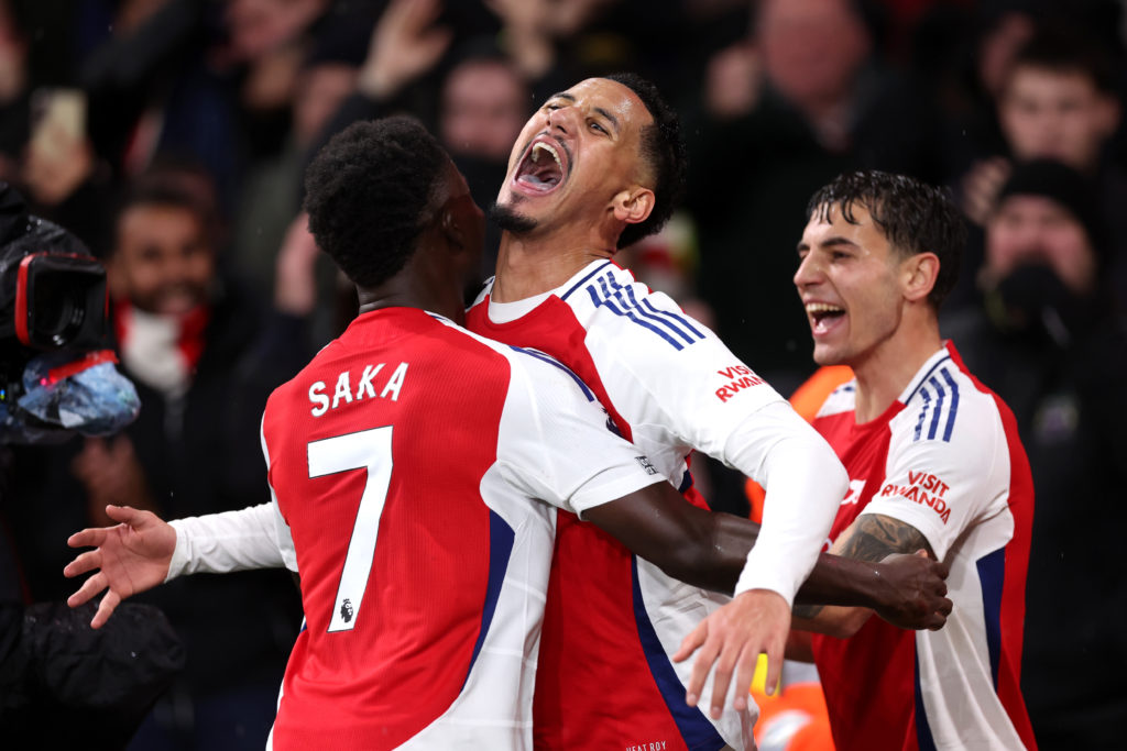 Bukayo Saka and William Saliba celebrate during an Arsenal match