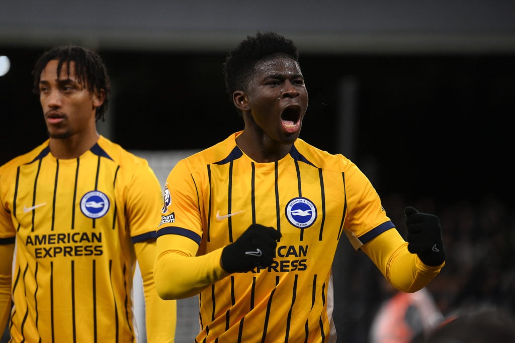 Carlos Baleba celebrates scoring during Fulham FC v Brighton & Hove Albion FC in the Premier League clash.