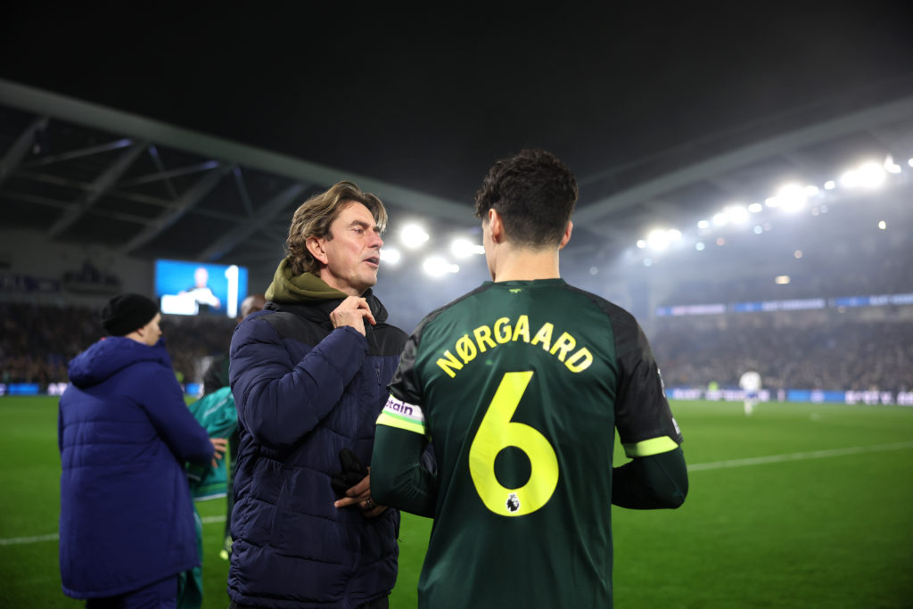 Thomas Frank instructs Christian Norgaard during Brighton & Hove Albion FC v Brentford FC in the Premier League clash.