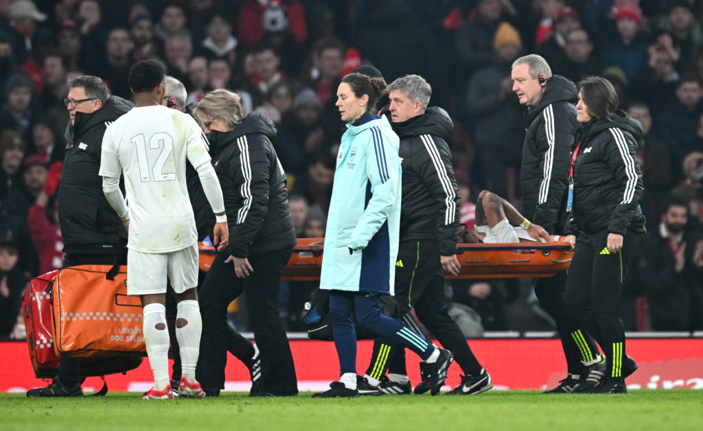Gabriel Jesus is stretchered off injured during Arsenal v Manchester United in the Emirates FA Cup Third Round clash.