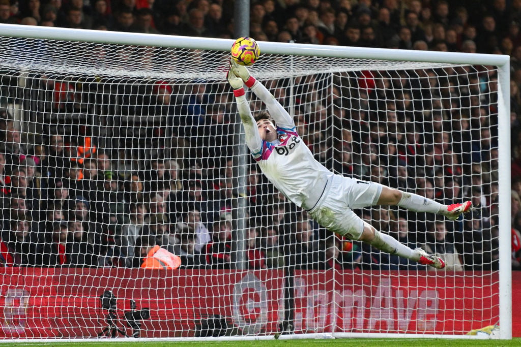 Kepa Arrizabalaga makes a flying save for Bournemouth during their Premier League match against Nottingham Forest.