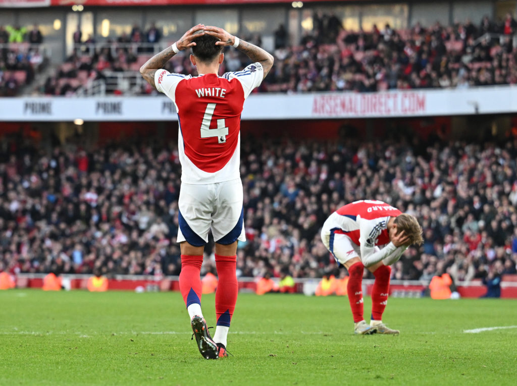 Ben White and Martin Odegaard look dejected during Arsenal FC v West Ham United FC in the Premier League clash.
