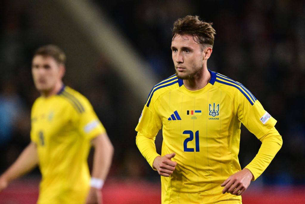 Vladyslav Vanat runs for Ukraine in a match against Belgium in the Nations League.