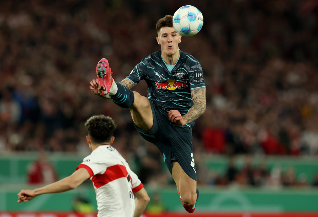 Benjamin Sesko in action during VfB Stuttgart v RB Leipzig in the DFB Cup semi-final clash.