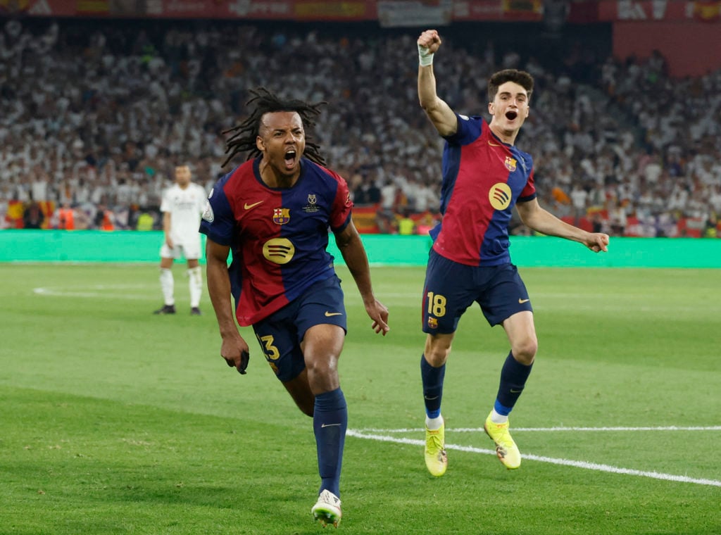 Jules Kounde celebrates scoring during Barcelona v Real Madrid in the Spanish Copa Del Ray final.