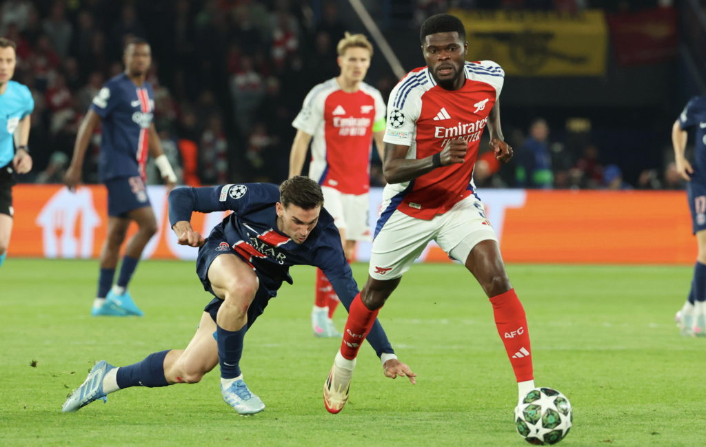 Thomas Partey in action during Paris Saint-Germain v Arsenal FC in the UEFA Champions League 2024/25 Semi Final Second Leg clash.