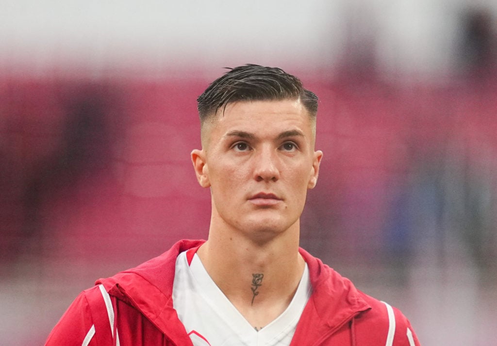 Benjamin Sesko looks on before RB Leipzig v VfB Stuttgart in the Bundesliga clash.