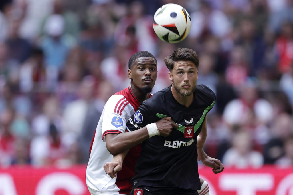 Jorrel Hato in action during Ajax v Fc Twente in the Dutch Eredivisie clash.