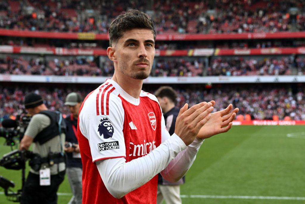Kai Havertz applauds fans after Arsenal FC v Newcastle United FC in the Premier League clash.