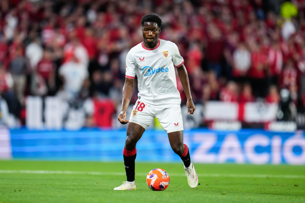 Lucien Agoume in action during Sevilla FC v UD Las Palmas in the La Liga EA Sports clash.