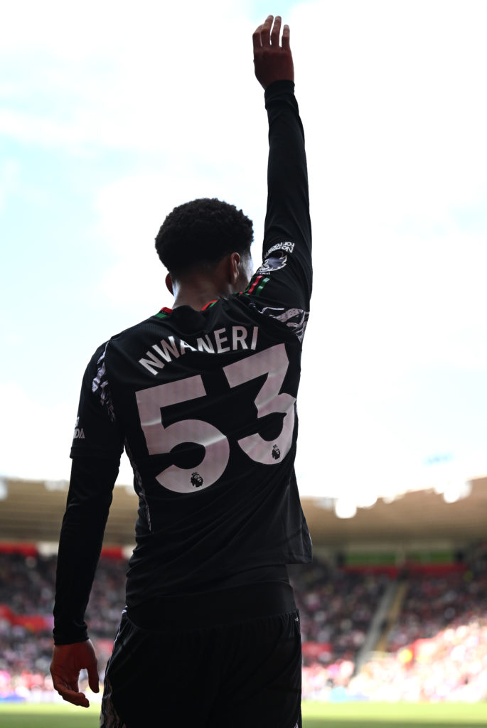 Ethan Nwaneri in action during Southampton FC v Arsenal FC in the Premier League clash.