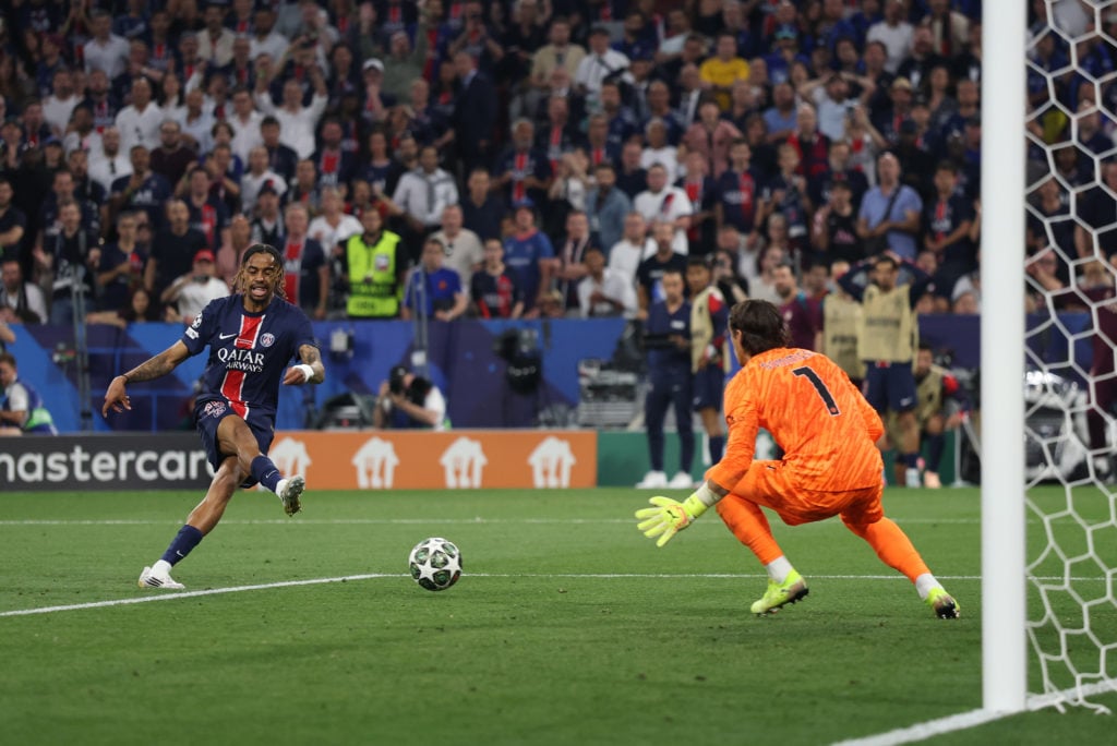 Bradley Barcola in action during Paris Saint-Germain v FC Internazionale Milano in the UEFA Champions League Final 2025.