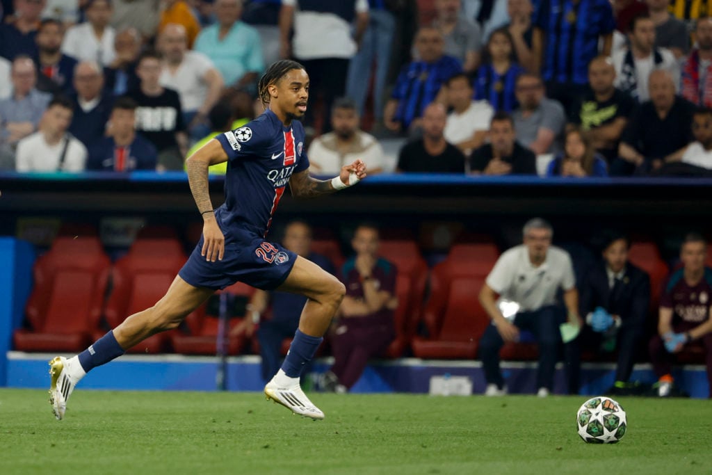 Bradley Barcola in action during Paris Saint-Germain v FC Internazionale Milano in the UEFA Champions League Final 2025.