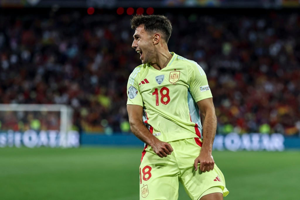 Martin Zubimendi celebrates scoring for Spain
