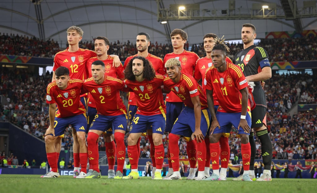 Mikel Merino and Martin Zubimendi in the team photo before Spain v France in the UEFA Nations League 2025 Semi-final.
