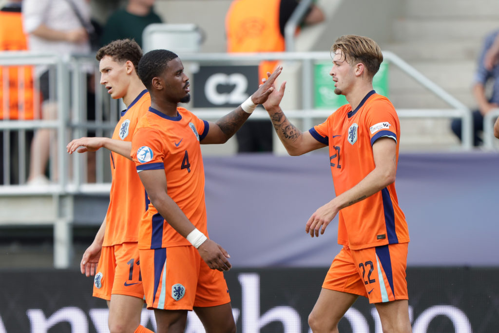 Jorrel Hato celebrates a goal for Netherlands U21s against Ukraine