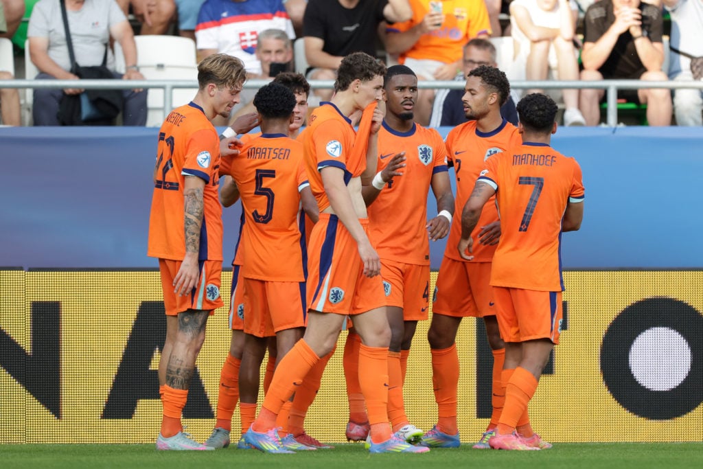 Netherlands U21s celebrate scoring against Ukraine in the U21s Euros