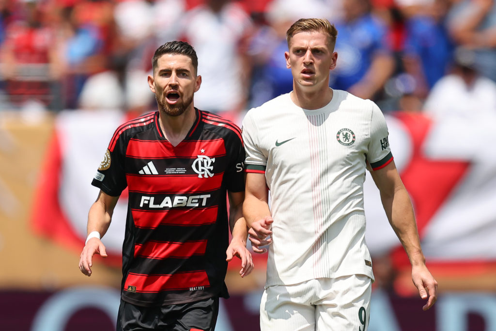 Jorginho battles with Liam Delap in Flamengo's game against Chelsea.